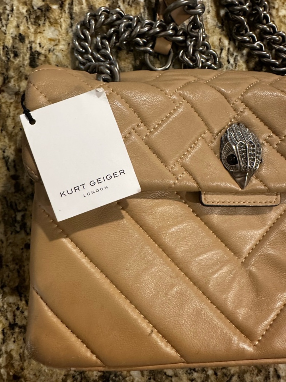 Kurt Geiger London Quilted Tan Leather Shoulder Bag with Chain Strap - Picture 6 of 16